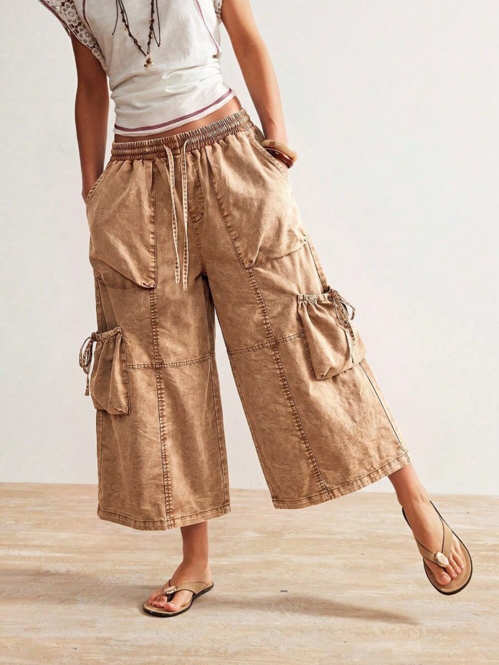 Brown Casual Women's Woven Capri Length Pants - Picture 3 of 7